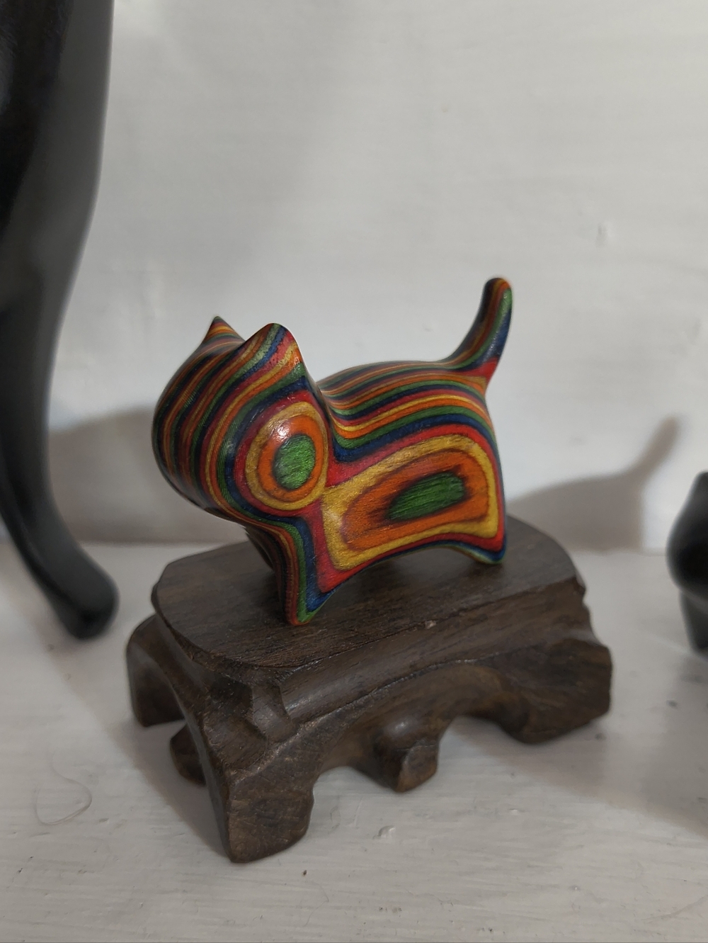 Wooden Miniature hand carved cat statue figurine kitty Multi color, tail up